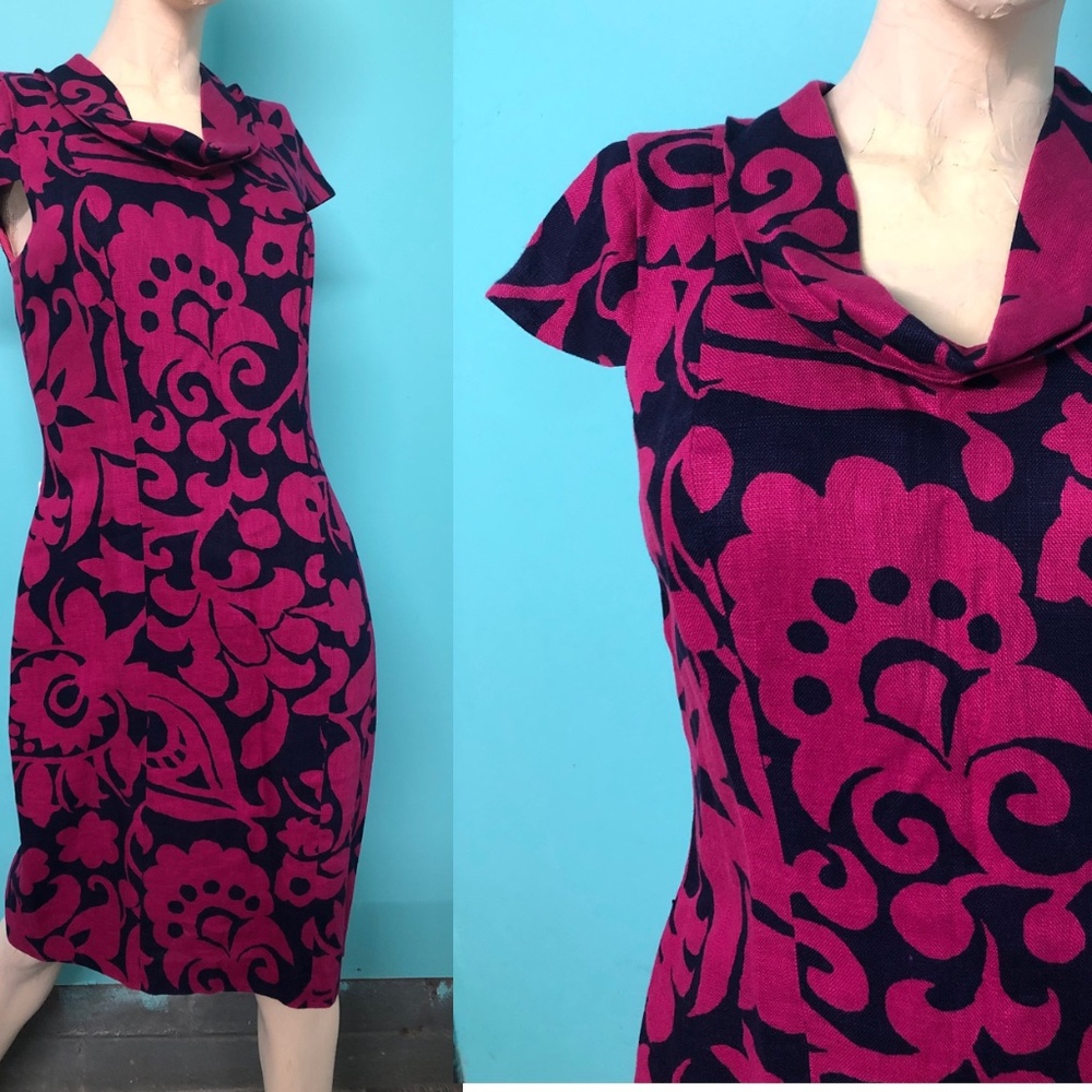 Talbots~Linen Bold Floral Print Cowl Neck Pencil Sheath Dress Knee Length~6~NWOT